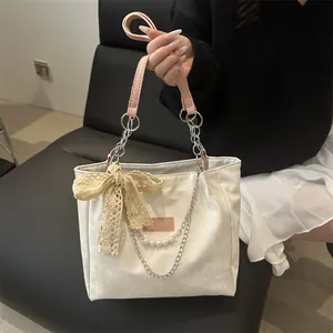 Women Large Capacity Tote Bag PU Leather Contrast Color Splicing Sweet Lace Bow Artificial Pearl Chain Decoration Commuter Shoulder Bag