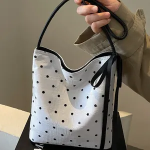 Sac seau chic en toile blanche à pois noirs avec détail de nœud pour femmes