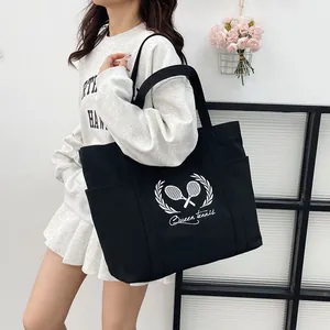 Large Capacity Canvas Tote Bag For Women Casual Tennis Racket Print Shoulder Bag Korean Fashion Commuting Handbag