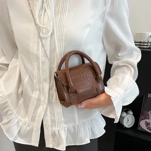 Retro brown crocodile pattern mini square handbag with silver metal chain strap for women