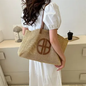 Sac Cabas de Mode en Paille Tissée pour Femmes Couleur Contrastée Sac à Main en Cuir PU Avec Logo Lettre Grande Capacité Sac de Plage