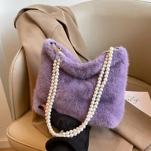 Sac en Peluche de Fausse Fourrure pour Femmes Bandoulière en Perles Élégante Sac à Main Grande Capacité Mode Automne Hiver