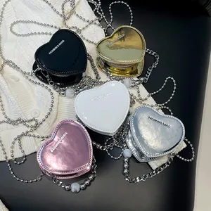 Mini heart-shaped crossbody bag with bead chain in black gold silver pink and white