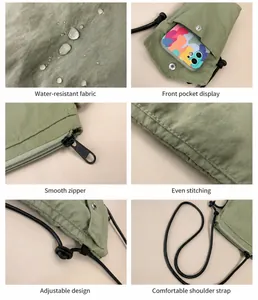 Detalle de bolsa de nailon para móvil resistente al agua con cremalleras y correa ajustable