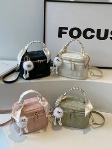 Fashionable textured shoulder bags for women in four colors with silk scarf and plush charm
