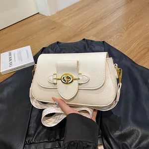 Sac Bandoulière Vintage pour Femmes en Cuir PU Motif Litchi Petit Sac Carré Avec Serrure Dorée et Large Bandoulière Géométrique