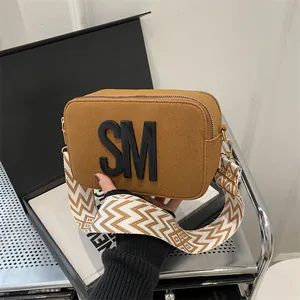 Women Fashion Camera Crossbody Bag PU Leather Letter SM Decoration Wide Geometric Pattern Strap Small Square Bag Stylish Messenger Shoulder Bag