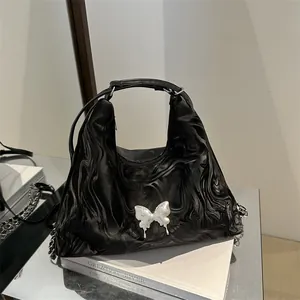 Marble Print PU Leather Shoulder Bag For Women With Metal Butterfly Liquid Metal Texture Large Capacity Tote Chain Strap