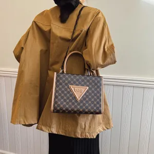 Vintage Monogram Print Women Tote Bag PU Leather Triangle Label Large Capacity Shoulder Crossbody Bag Fashion Top Handle Handbag