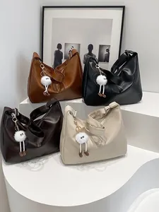 Minimalist large PU leather tote bag in four colors with cute white plush ball charm