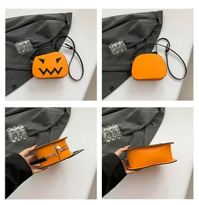 Detailed multi-angle views of orange pumpkin crossbody bag with black smiley face