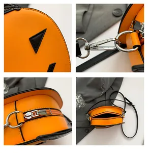 Detailed views of orange pumpkin bag showing metal hardware, stitching and zipper closure