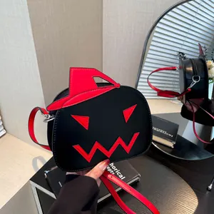 Funny Halloween pumpkin shoulder bag with red wizard hat and jack-o'-lantern face