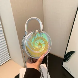 Sac à main rond holographique avec cadran d'horloge et chaîne en métal pour femme