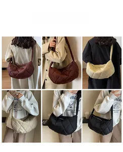 Detailed views of various colors of quilted dumpling shoulder bags on female models