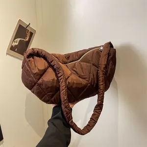 Women Large Capacity Quilted Puffer Shoulder Bag Nylon Rhombus Pattern Hobo Bag Casual Crossbody Bag For Everyday Commute