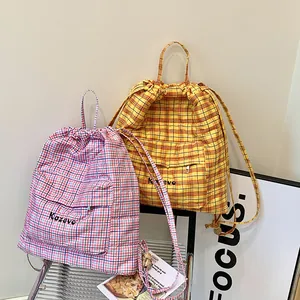 Zaini vintage a quadri con coulisse in rosa-blu e arancione per uso quotidiano