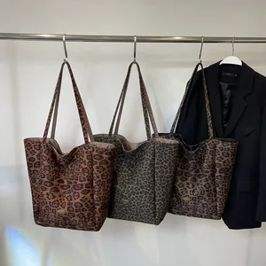 Women Leopard Print Corduroy Tote Bag Large Capacity Casual Shoulder Handbag Urban Simplicity Daily Shopping Travel Hand Bag