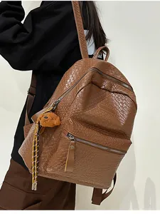 Detail eines braunen Rucksacks mit Webmuster und Bärenanhänger auf dem Rücken