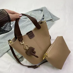 Damen Mode PU Leder Eimertasche Große Kapazität Handtasche Mit Tieranhänger Lychee Textur Schulter Umhängetasche