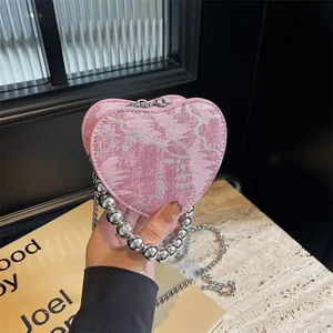 Mini Borsa a Tracolla a Cuore Con Manico in Perle Argentate e Tracolla in Catena Metallica Borsa in Tessuto Jacquard Donna