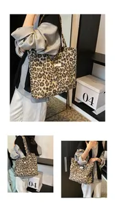 Detailed close-up of a leopard print tote bag featuring a white woven label and button closure