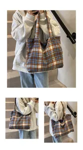 Detailed views of a blue and brown plaid tote bag from multiple angles on a staircase