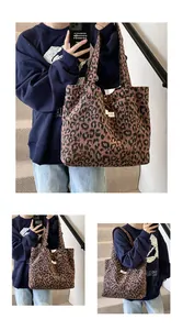 Detailed views of a large leopard print tote bag with brown textures and brand label