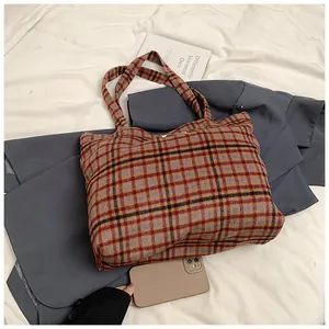 Close-up of tartan plaid tote bag with smartphone for size reference on grey blazer