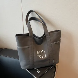 Borsa Tote in Tela a Grande Capacità per Donna Con Stampa Lettere Borsa a Spalla Casual Pendolare Shopper Con Tasche Laterali