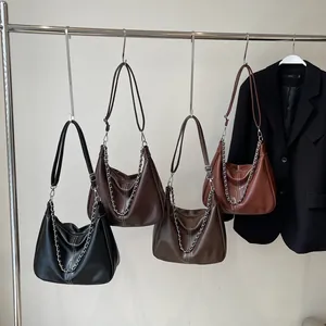 Große Hobo-Schultertasche mit Metallkette und Kontrastnähten für Damen in vier Farben