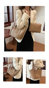 Detailansicht der khakifarbenen Tote Bag aus genarbtem Leder mit Schal und Innentasche