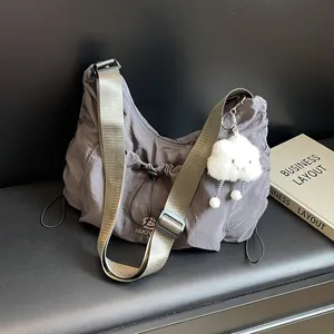 Women Large Capacity Nylon Crossbody Bag Casual Hobo Shoulder Bag With Plush Cloud Pendant For Student Commuter Daily Use