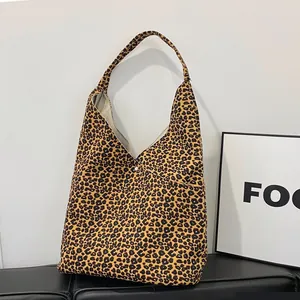 Women Fashion Leopard Print Canvas Tote Bag Large Capacity Casual Shoulder Bag Fall Winter Streetwear Hobo Bag
