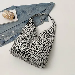 Fashionable black and white leopard print canvas hobo bag with large capacity for women