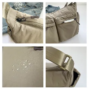 Gros plan du sac en nylon kaki avec tissu imperméable et design à plusieurs poches