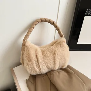 Women Plush Faux Fur Shoulder Underarm Bag With Braided Handle Pleated Fuzzy Tote Bag For Autumn Winter Daily Fashion