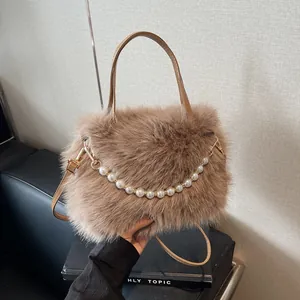 Damen Mode Kunstpelz Handtasche Mit Kunstperlenkette Kunstlederband Eleganter Herbst Winter Plüsch Umhängetasche Schultertasche