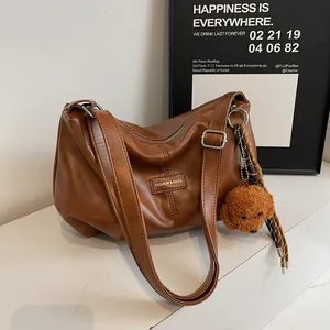Women's Retro Large Capacity PU Leather Hobo Bag Pleated Underarm Shoulder Crossbody Bag With Teddy Dog Pendant
