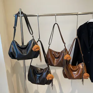 Retro pleated crescent shoulder bags in four colors with cute dog charms and scarves