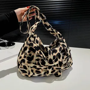 Women Woven Leopard Print Tote Bag Large Capacity Canvas Shoulder Bag Vintage Crossbody Bag Casual Daily Fashion Handbag