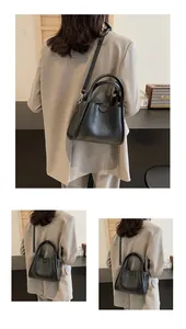 Detailed views of a black textured crossbody bag with metal buckles and shoulder strap