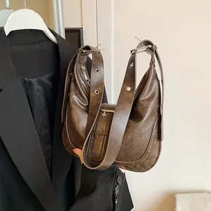 Vintage PU Leather Underarm Bag For Women Retro Half Moon Hobo Bag Large Metal Buckle Adjustable Strap Shoulder Bag