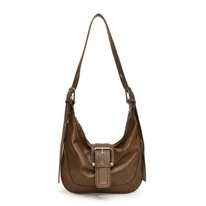 Retro dark brown hobo bag with wide leather belt buckle and adjustable shoulder strap