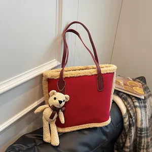 Women Suede Faux Lamb Wool Tote Bag Fleece Trim Bucket Handbag Large Capacity Autumn Winter Shoulder Bag With Bear Charm