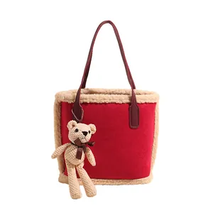 Large red faux suede tote bag with fleece trim and cute bear keychain for women
