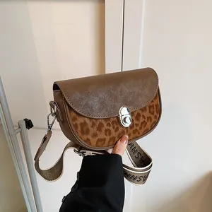 Women's Retro Leopard Print Saddle Bag Frosted PU Leather Small Crossbody Bag With Wide Strap Fashion Shoulder Bag