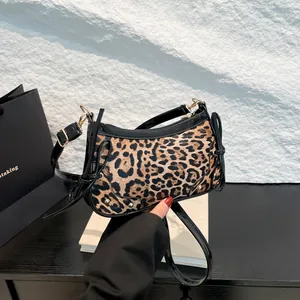 Vintage Leopard Print PU Leather Underarm Bag Fashion Bow Knot Small Square Baguette Shoulder Crossbody Bag For Women