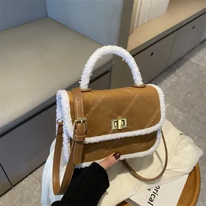 Women Vintage Quilted Rhombus Faux Sherpa Trim Handbag Suede Small Square Crossbody Bag With Gold Lock Adjustable Strap