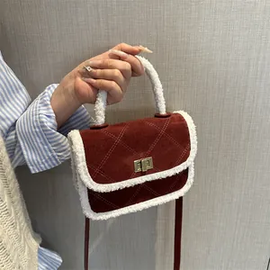 Retro burgundy quilted small square bag with white fleece trim and metal lock buckle